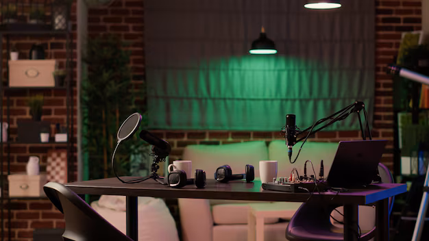 Cozy podcasting setup with equipment.